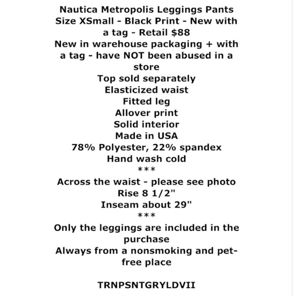 $88 Nautica Metropolis Leggings Pants XSmall 0 2 Black Allover Print Fitted NWT - Picture 2 of 12
